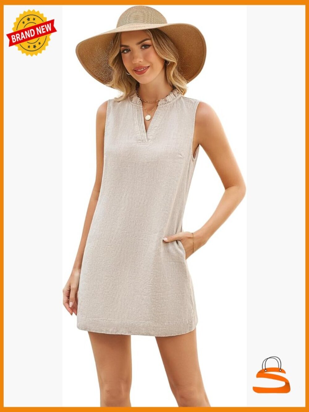 Linen Tank Dress Shift with Ruffle Collar and Pockets Sleeveless S